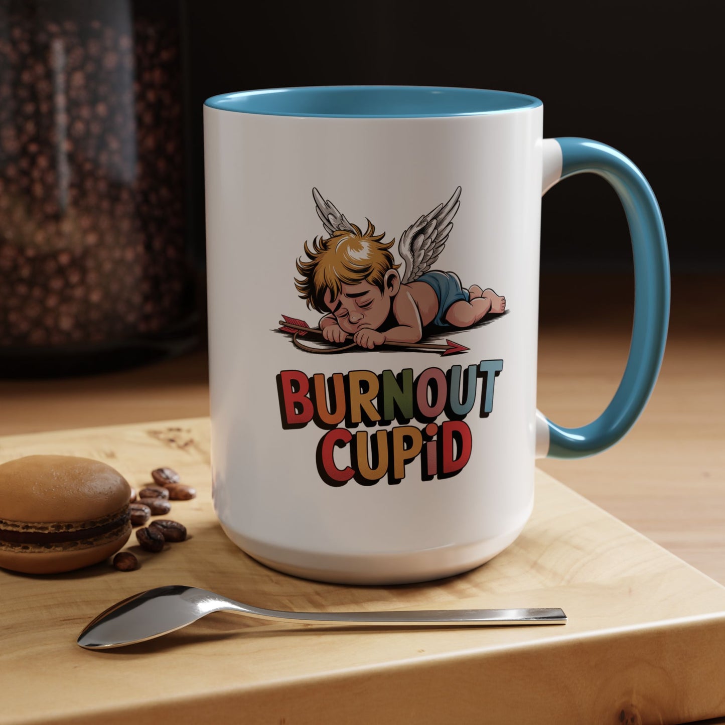 Burnout Cupid Coffee Mug — Cute Tired Cupid Accent Mug (11/15 oz)