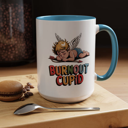Burnout Cupid Coffee Mug — Cute Tired Cupid Accent Mug (11/15 oz)
