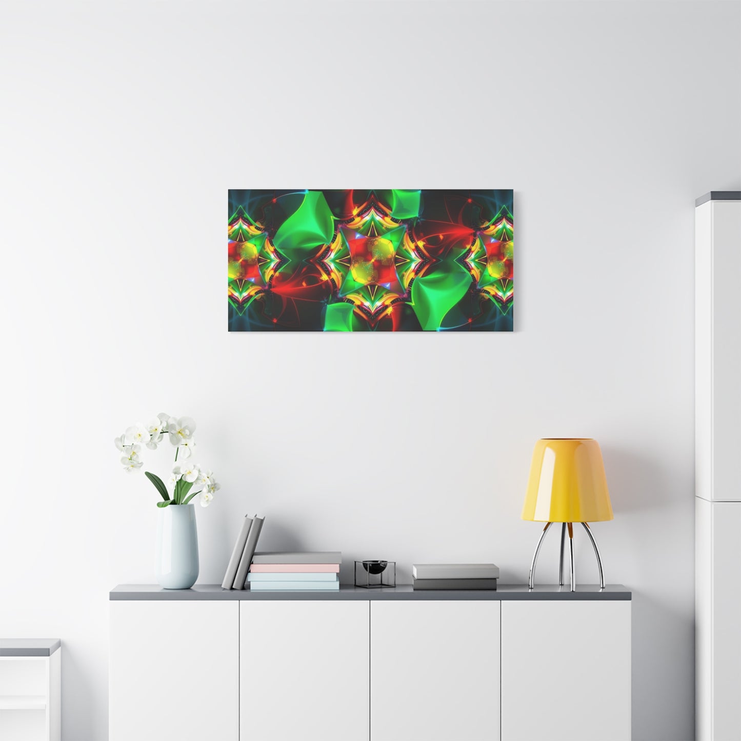 Kaleidoscope Abstract Matte Canvas Wall Art — Vibrant Green & Red Stretched Print