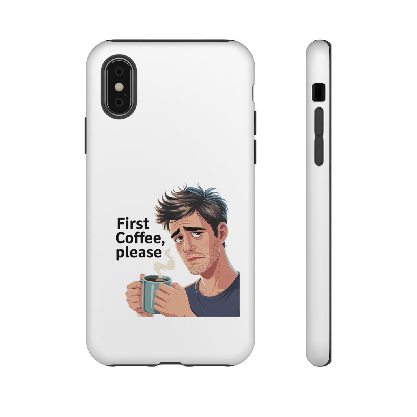 Funda para iPhone: "Primer café, por favor". Ilustración divertida del café de la mañana.