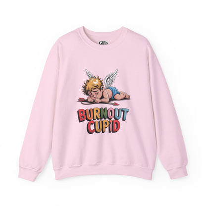 Burnout Cupid Sweatshirt — Tired Cupid Graphic Crewneck for Valentine’s Day