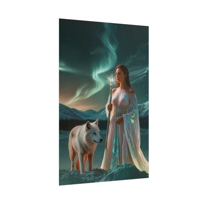 Aurora Guardian Poster – Fantasy-Frau mit weißem Wolf (Wandbild)