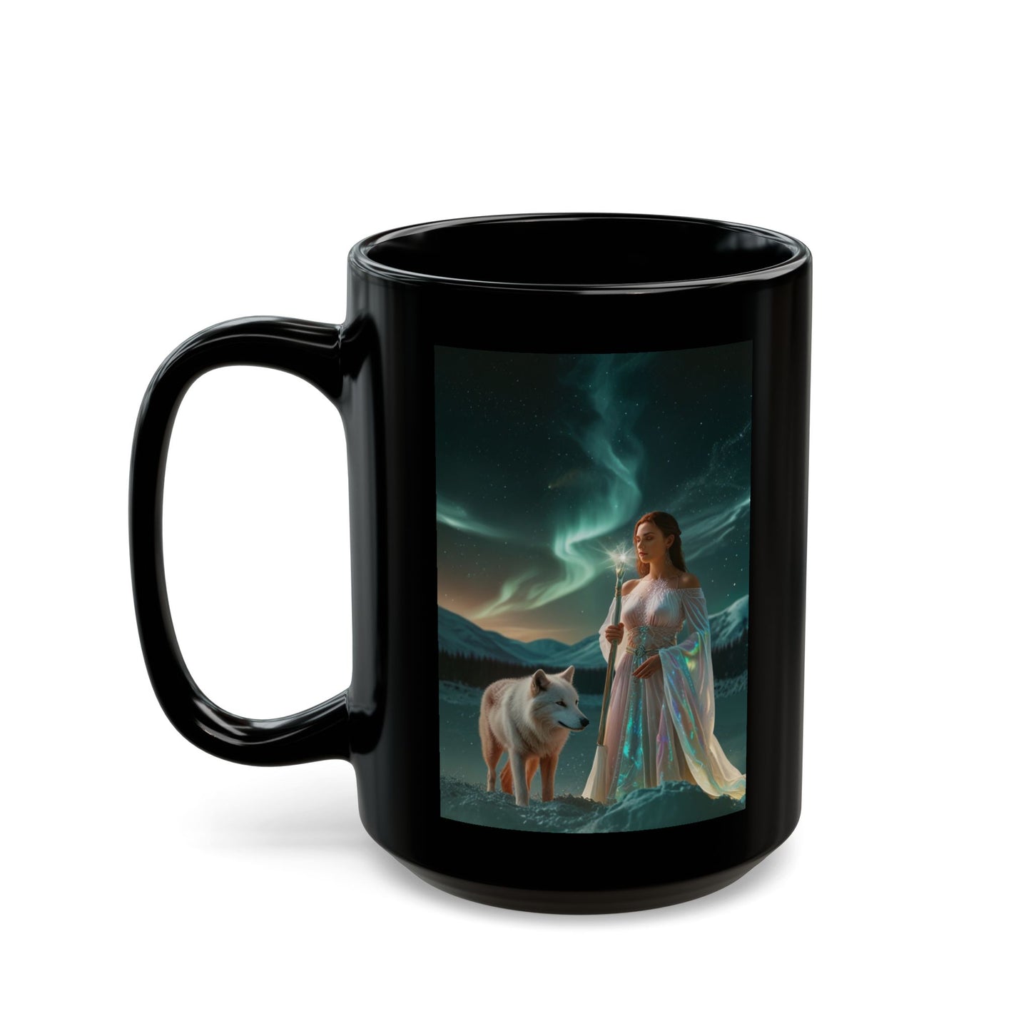 Taza negra de Mujer Mística y Lobo – Taza de café Aurora Fantasía (325 ml, 430 ml)