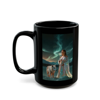 Taza negra de Mujer Mística y Lobo – Taza de café Aurora Fantasía (325 ml, 430 ml)