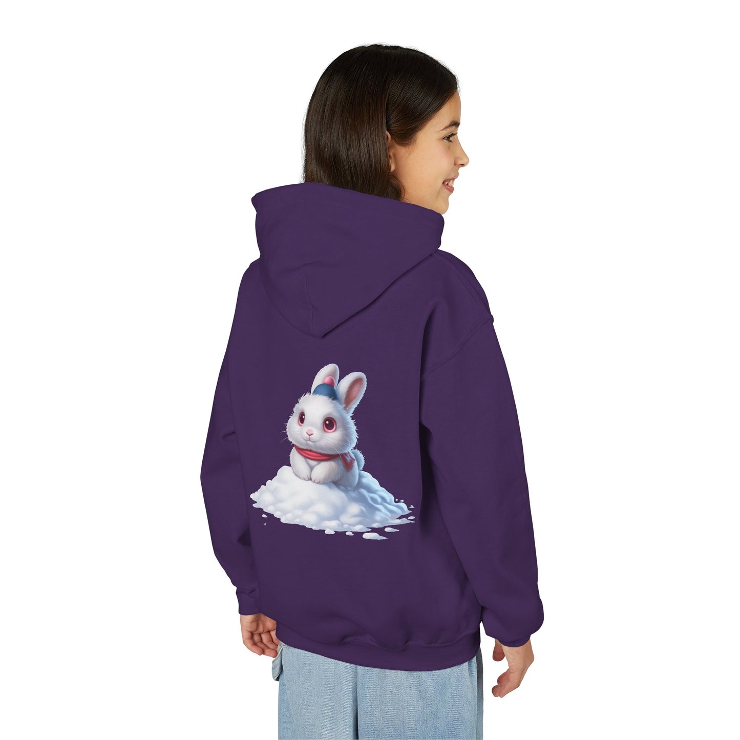 Youth Hoodie — Cute White Bunny in Snowback Graphic