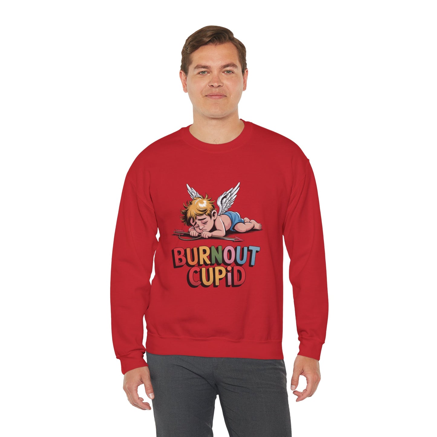 Burnout Cupid Sweatshirt — Tired Cupid Graphic Crewneck for Valentine’s Day
