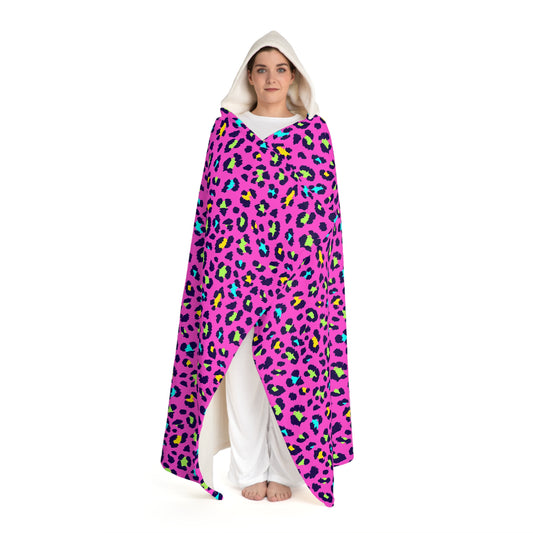 Hooded Sherpa Blanket — Pink Neon Leopard Print Cozy Throw
