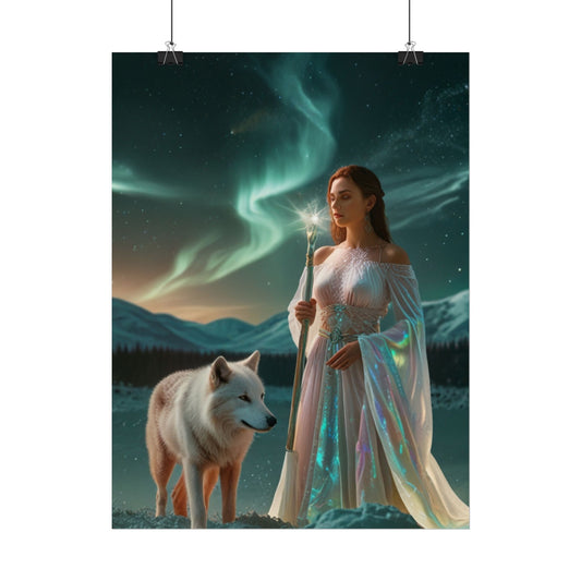Aurora Guardian Poster — Fantasy Woman with White Wolf Wall Art