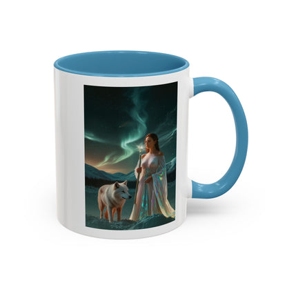 Taza de café Aurora Guardiana — Arte fantástico de mujer con lobo