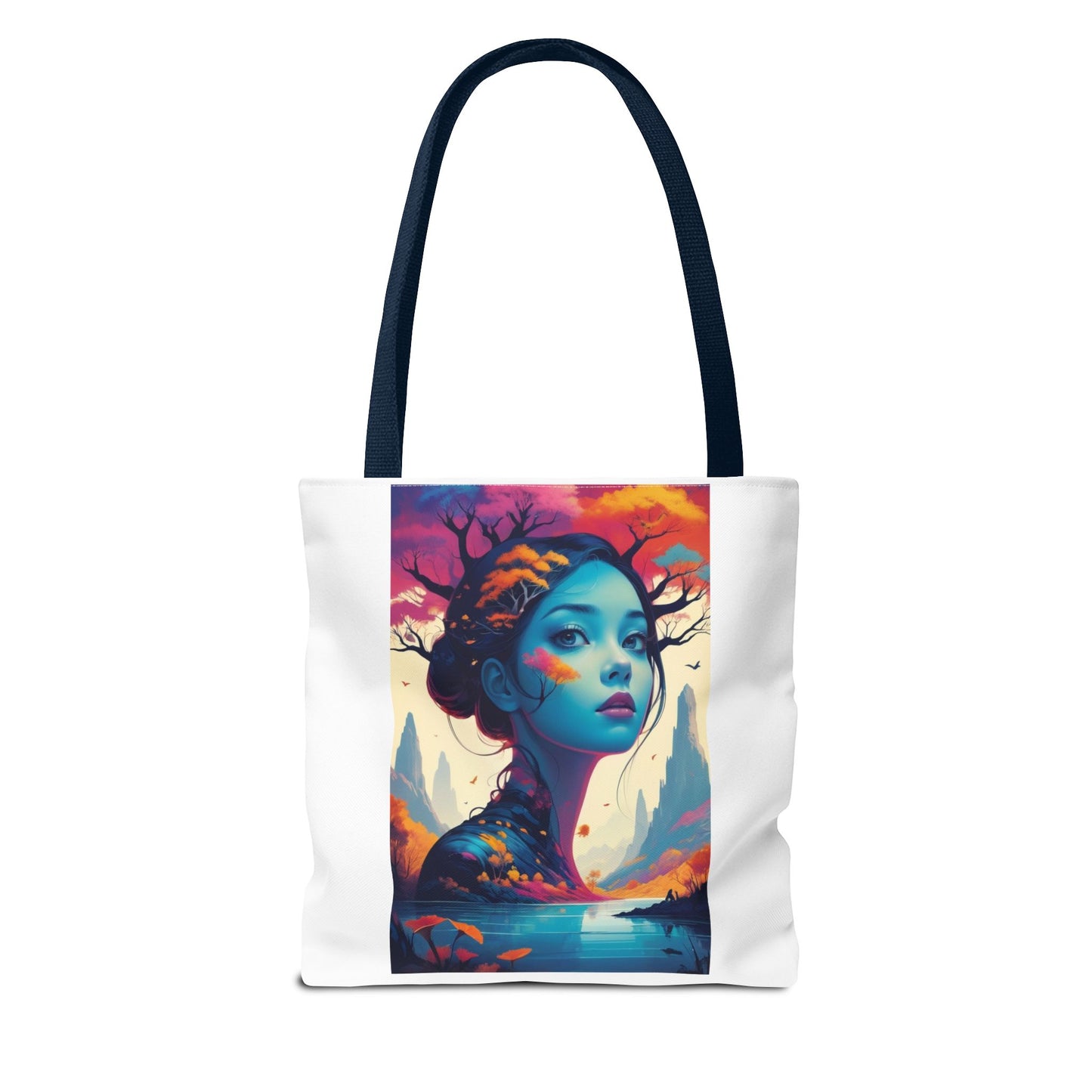 Artistic Blue Forest Maiden Tote Bag - Surreal Portrait All-Over Print
