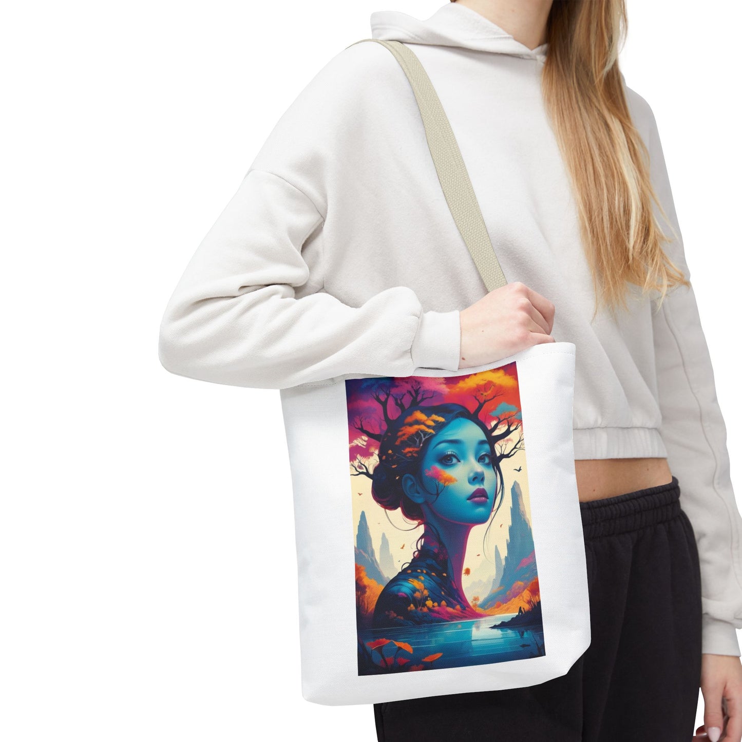Artistic Blue Forest Maiden Tote Bag - Surreal Portrait All-Over Print