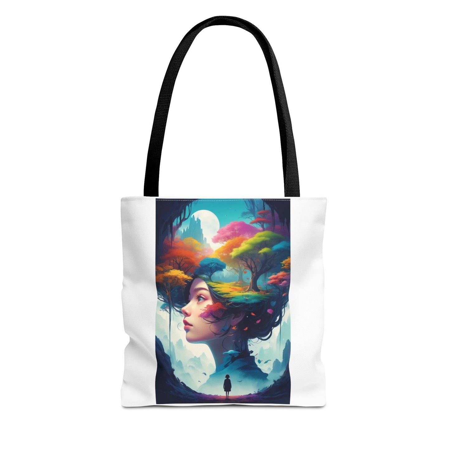 Surreale Traumlandschaft-Tragetasche – Bunte Frau &amp; Waldmotiv