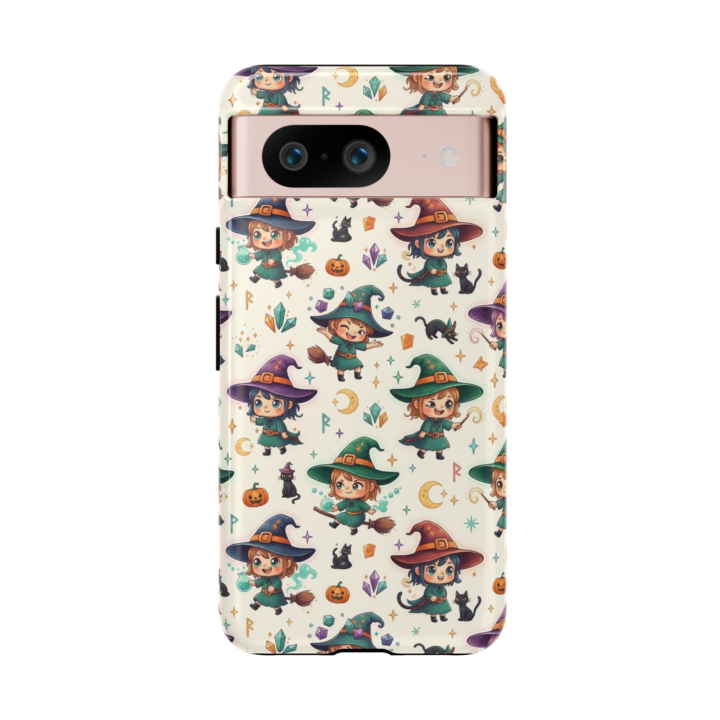Google Phone - Cute Halloween Witch Phone Case – Cartoon Witches, Black Cats & Pumpkins