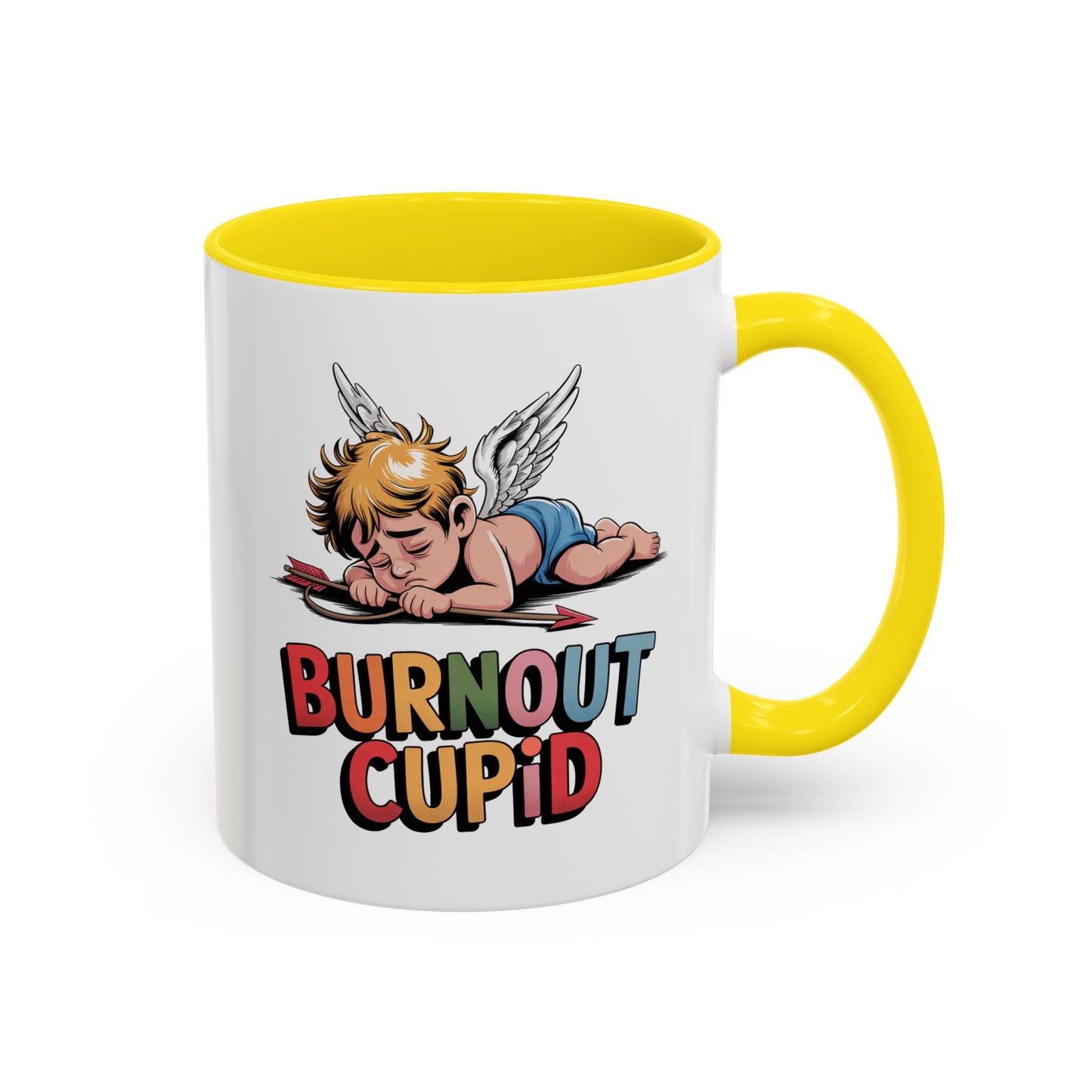 Burnout Cupid Coffee Mug — Cute Tired Cupid Accent Mug (11/15 oz)