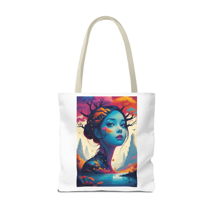 Artistic Blue Forest Maiden Tote Bag - Surreal Portrait All-Over Print