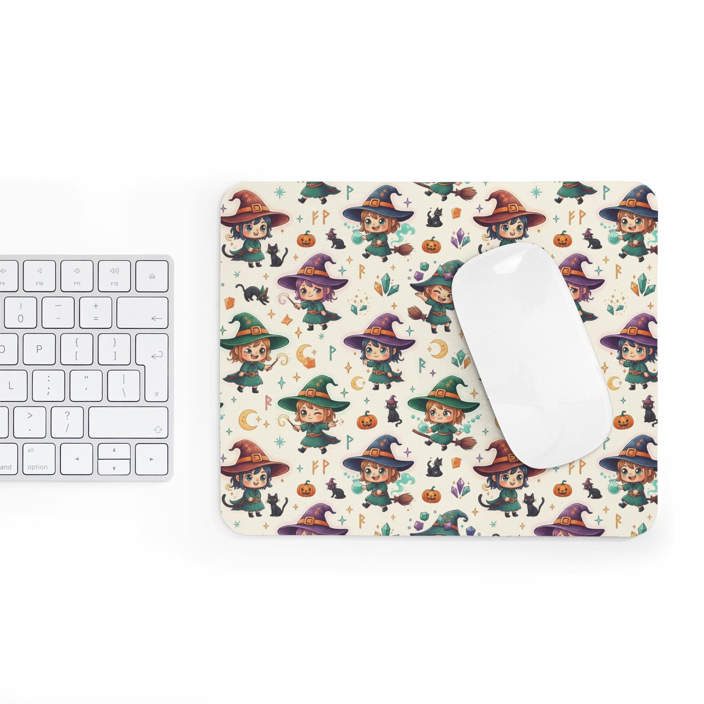 Cute Witch Pattern Mouse Pad — Kawaii Halloween Desk Mat