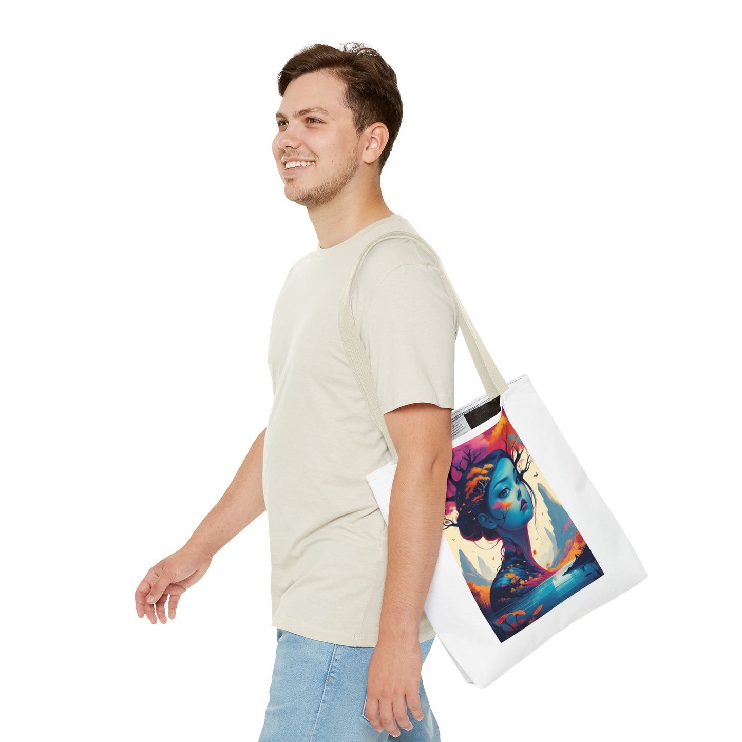 Artistic Blue Forest Maiden Tote Bag - Surreal Portrait All-Over Print
