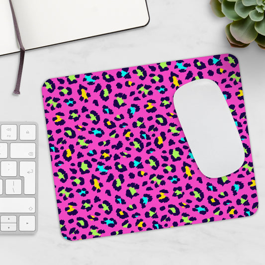 Neon Leopard Print Mouse Pad — Bright Pink Retro Animal Print Desk Mat