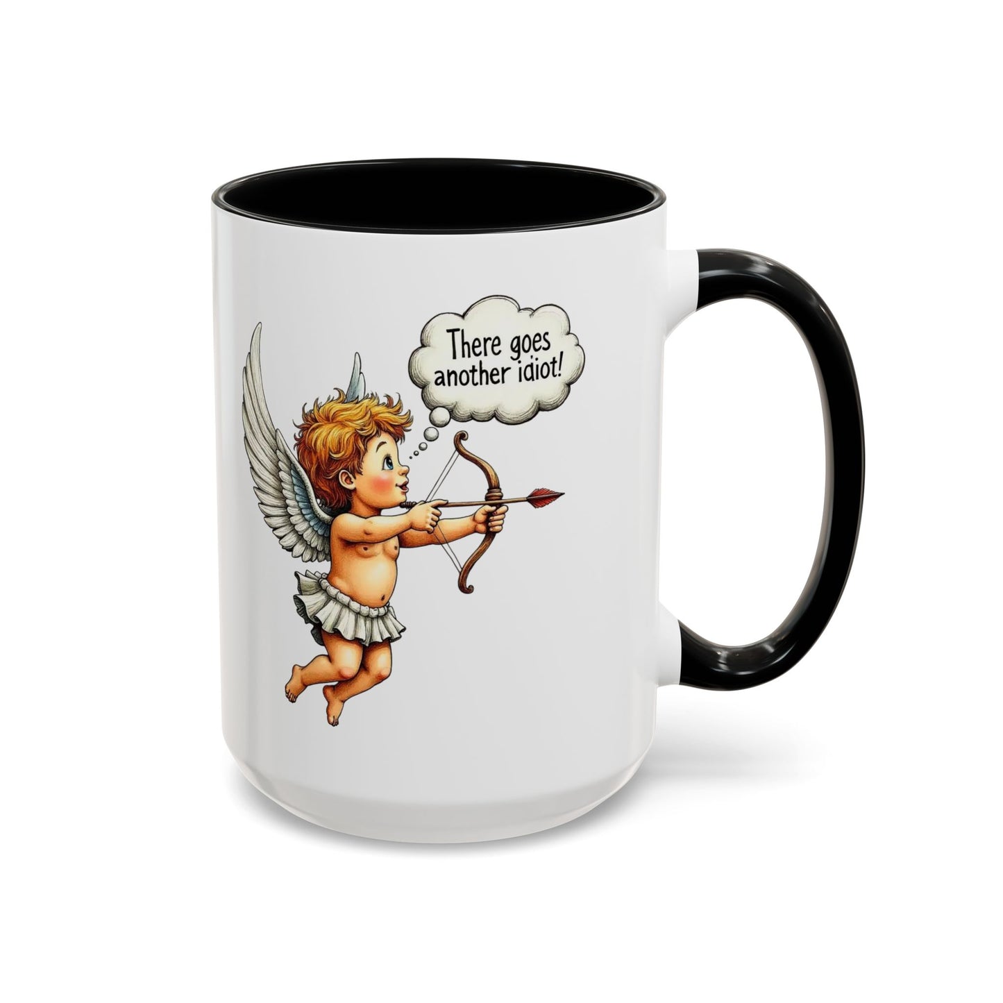 Cupid Coffee Mug — Vintage Cherub Saying "There goes another idiot!" Accent Mug