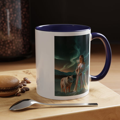 Taza de café Aurora Guardiana — Arte fantástico de mujer con lobo