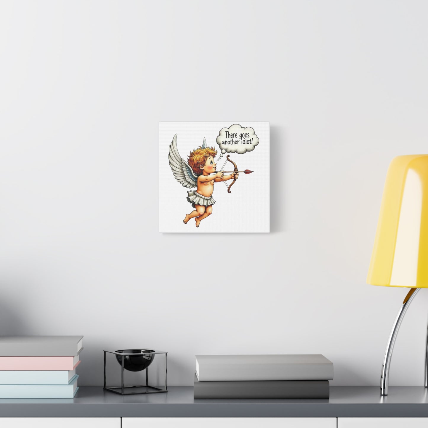 Funny Cupid Canvas Wall Art – 'There Goes Another Idiot!' Stretched Matte Canvas