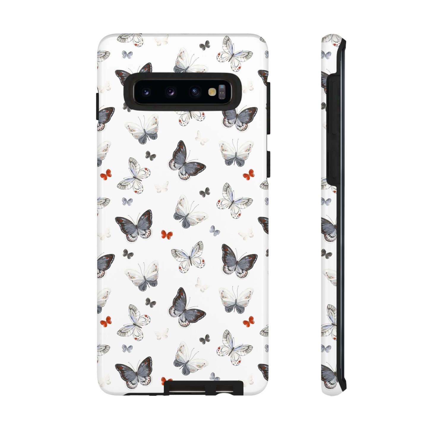 Funda para Samsung con diseño de mariposas: elegante funda protectora monocromática con detalles en rojo