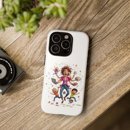 iPhone Phone Case — Hectic Mom Cartoon Design (Multitasking Mother, Kids & Chaos)