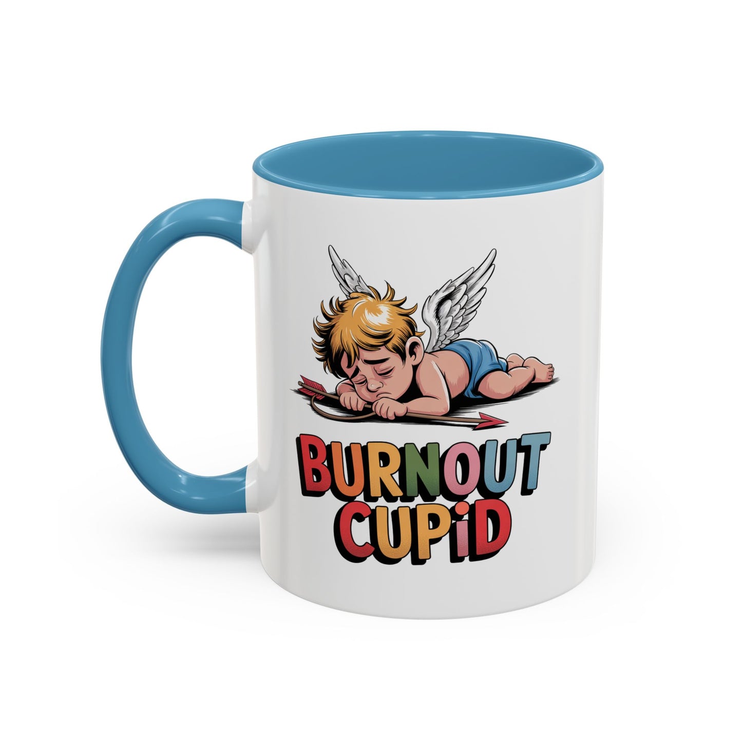 Burnout Cupid Coffee Mug — Cute Tired Cupid Accent Mug (11/15 oz)