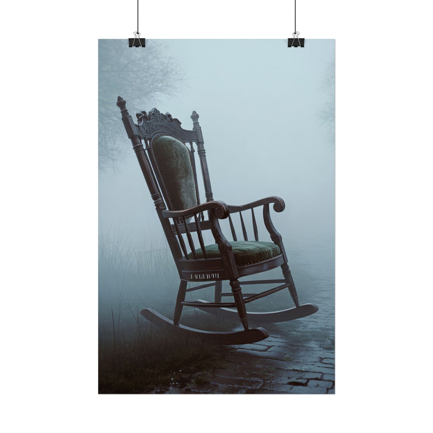 Vintage-Schaukelstuhl-Poster – Stimmungsvolles, nebliges Cottage-Wandbild (gerolltes Poster)