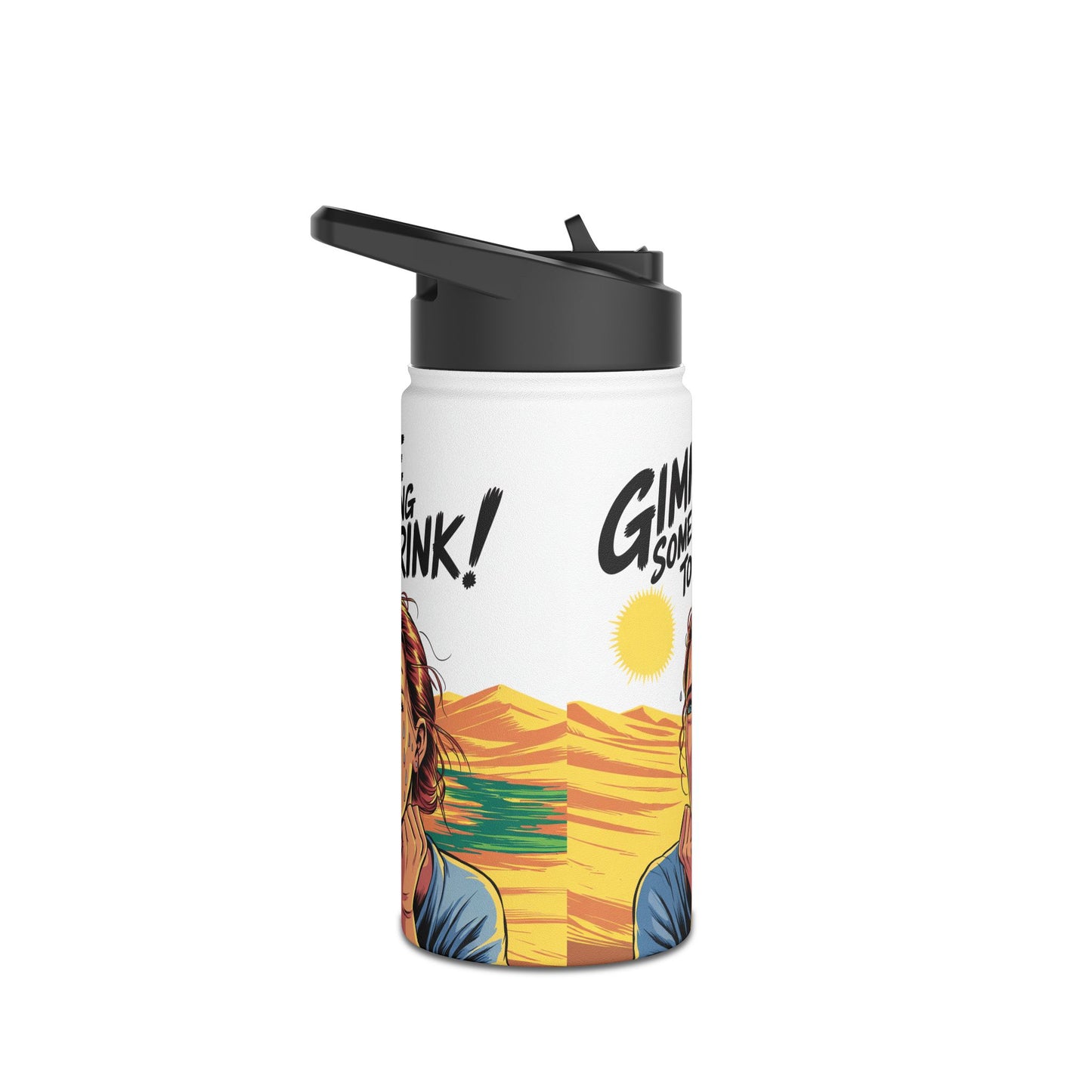 Isolierte Wasserflasche – „Gib mir was zu trinken!“ Retro-Comic-Design