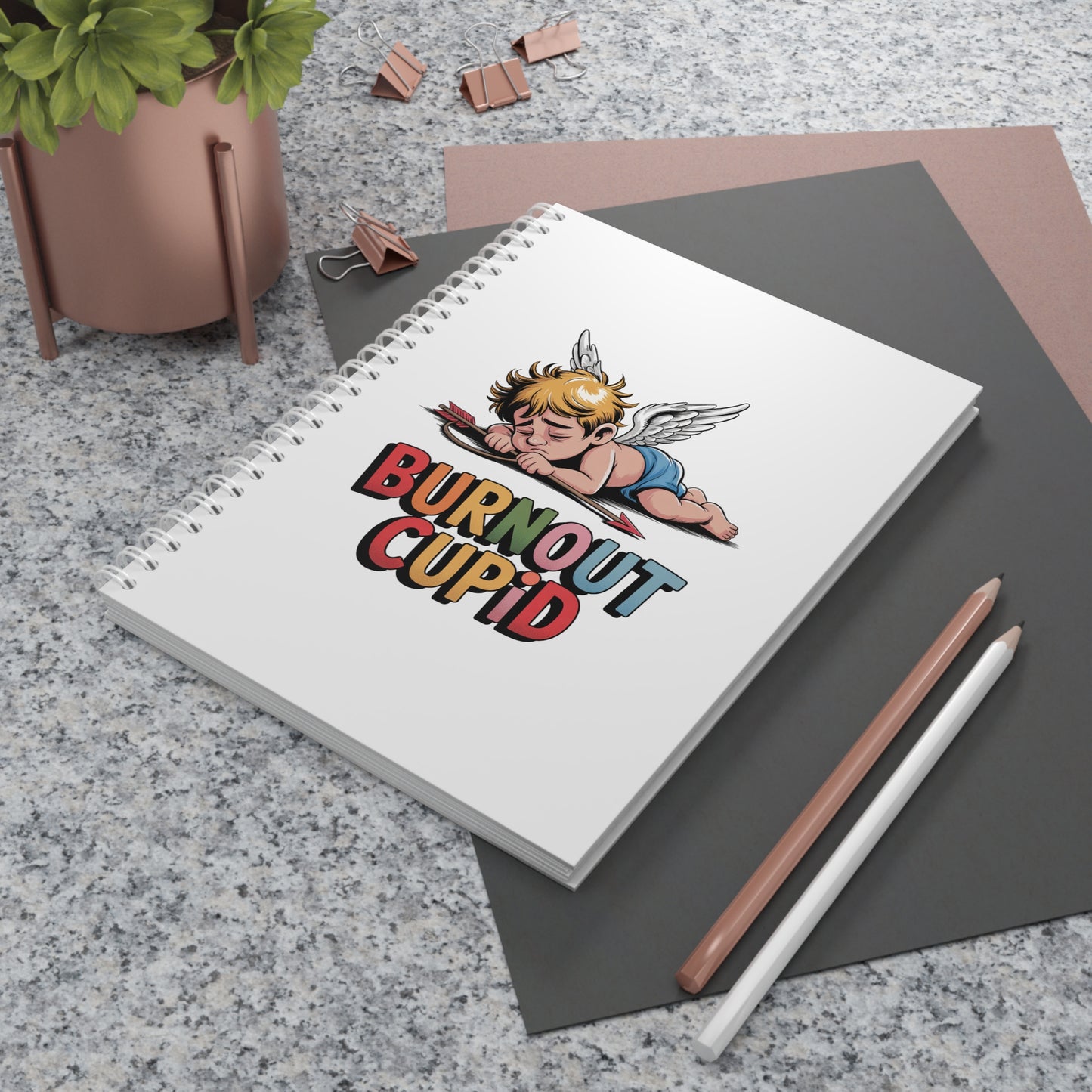 Burnout Cupid Spiral Notebook — Cute Tired Cupid Illustration Journal