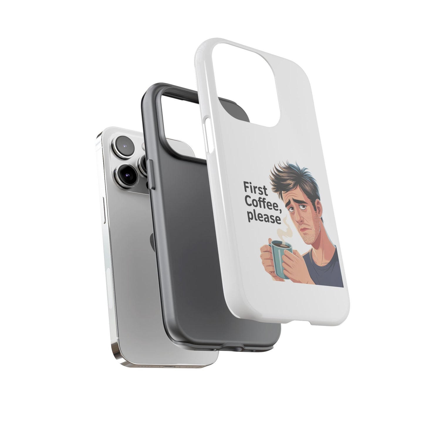 Funda para iPhone: "Primer café, por favor". Ilustración divertida del café de la mañana.