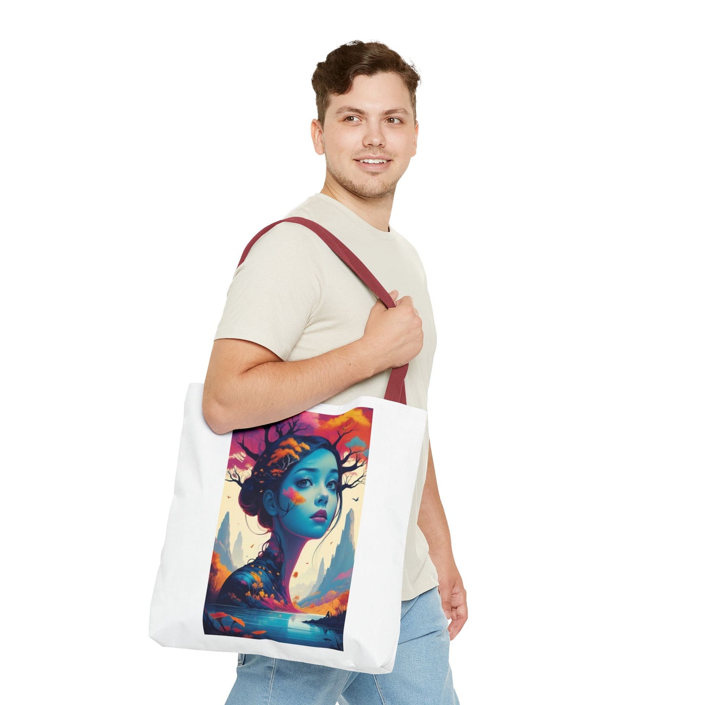 Artistic Blue Forest Maiden Tote Bag - Surreal Portrait All-Over Print