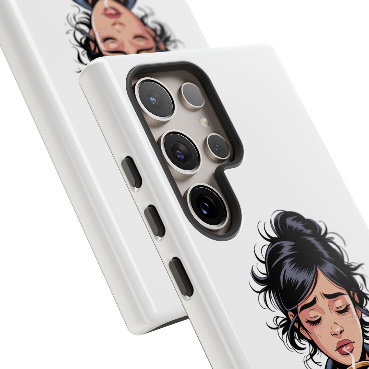 Samsung Phone Case — “First Coffee, Please” Cute Tired Girl Coffee Lover Phone Cover