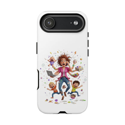 iPhone Phone Case — Hectic Mom Cartoon Design (Multitasking Mother, Kids & Chaos)