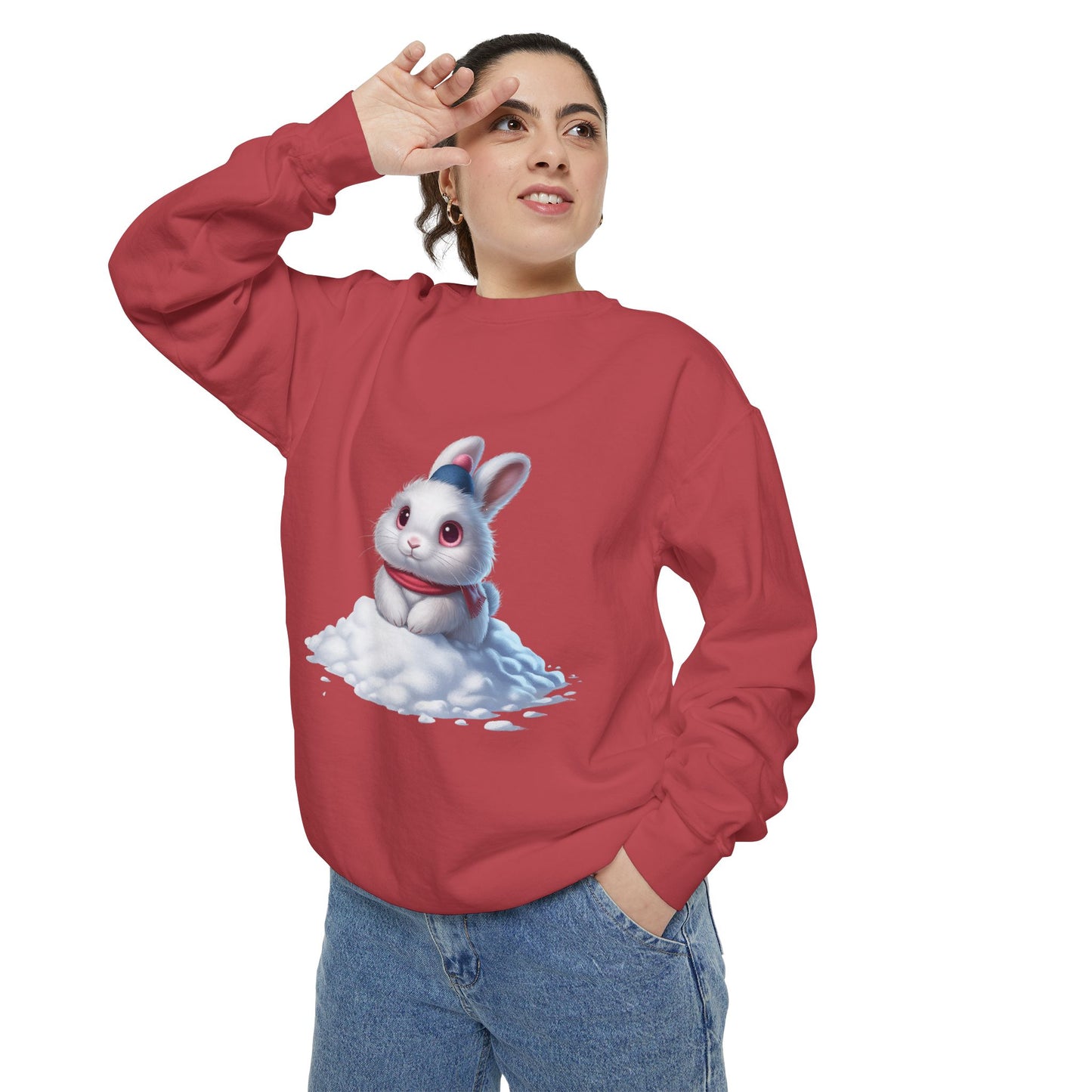 Cute Bunny Sweatshirt — White Bunny on Snow Graphic Crewneck