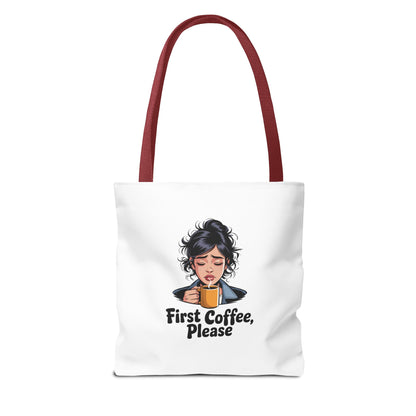 First Coffee Please Tote Bag — Cute Morning Coffee Lover Canvas Tote