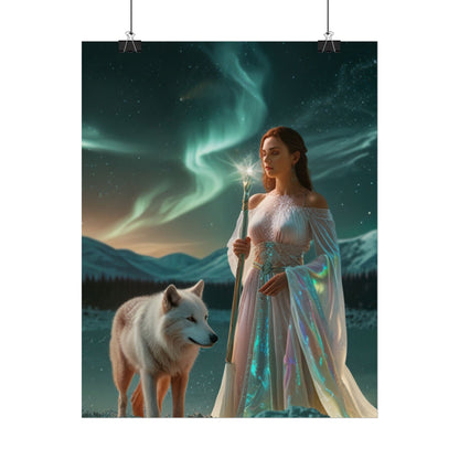 Aurora Guardian Poster – Fantasy-Frau mit weißem Wolf (Wandbild)