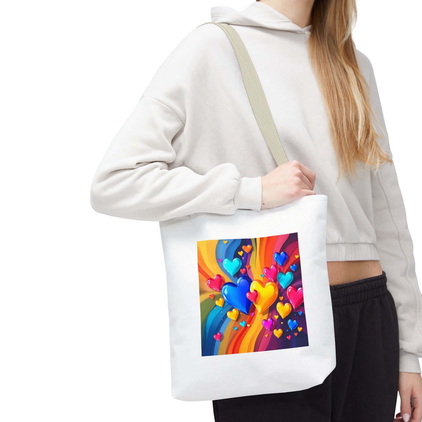 Colorful Heart Burst Tote Bag — Rainbow Love All-Over Print