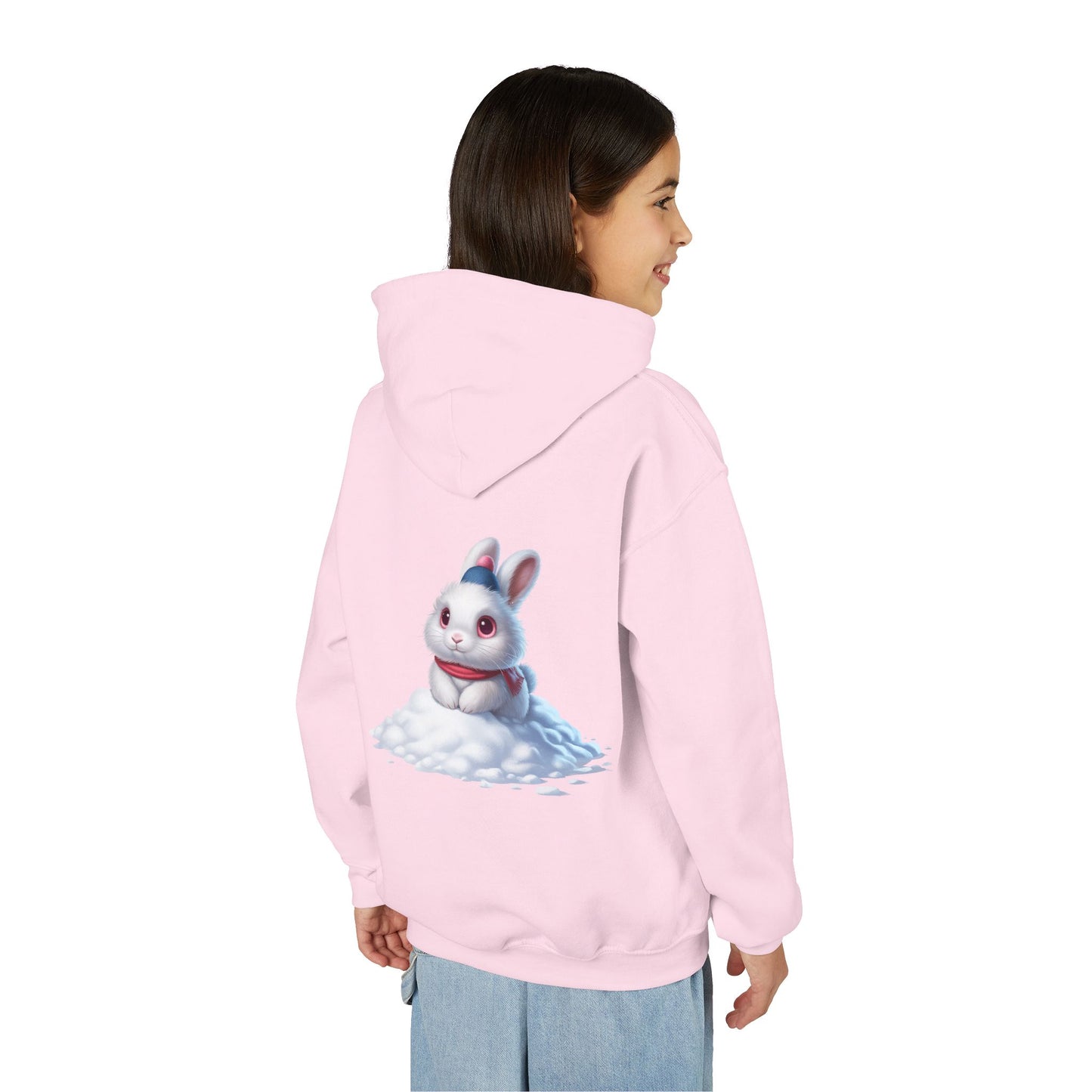 Youth Hoodie — Cute White Bunny in Snowback Graphic