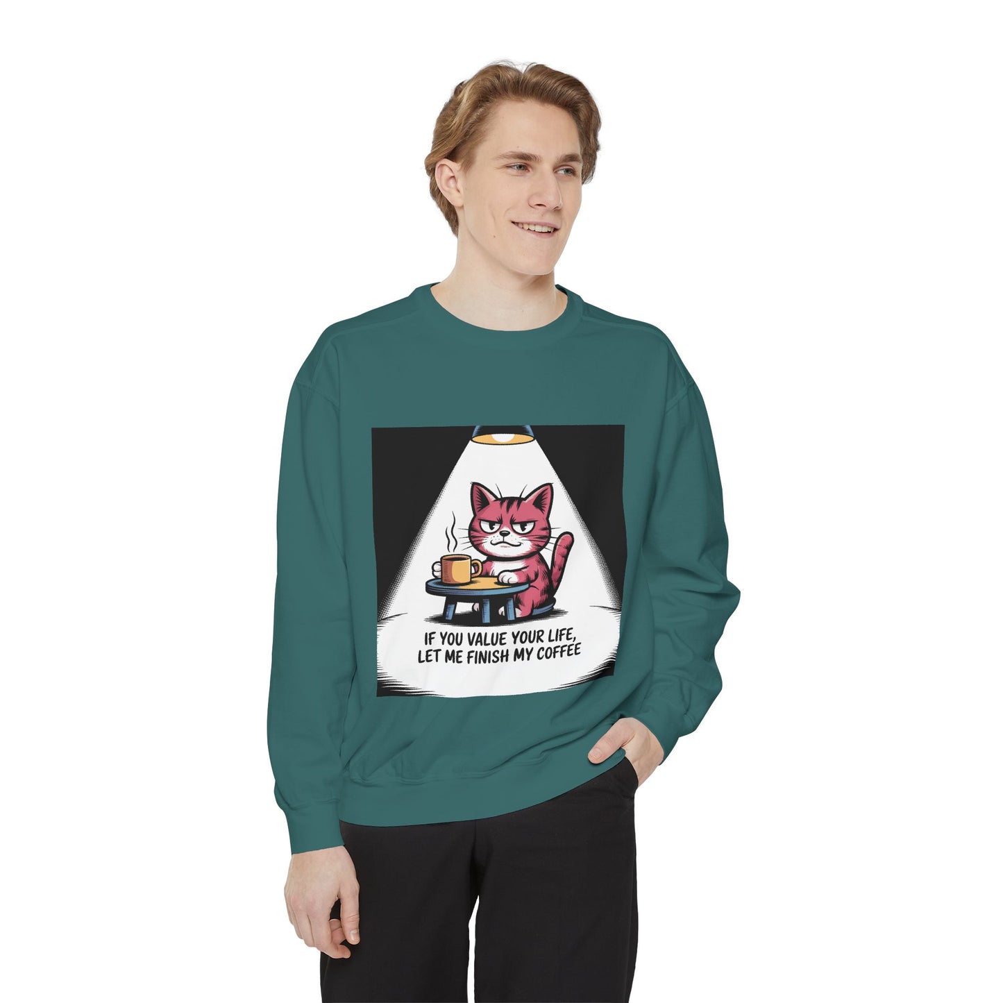 Lustiges Katzen-Sweatshirt – „Wenn dir dein Leben lieb ist, lass mich meinen Kaffee austrinken“ – Kuscheliger Pullover mit Grafikprint