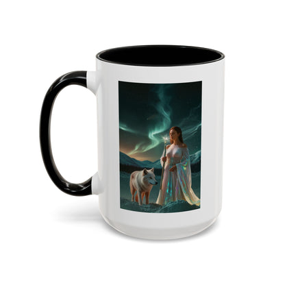 Taza de café Aurora Guardiana — Arte fantástico de mujer con lobo