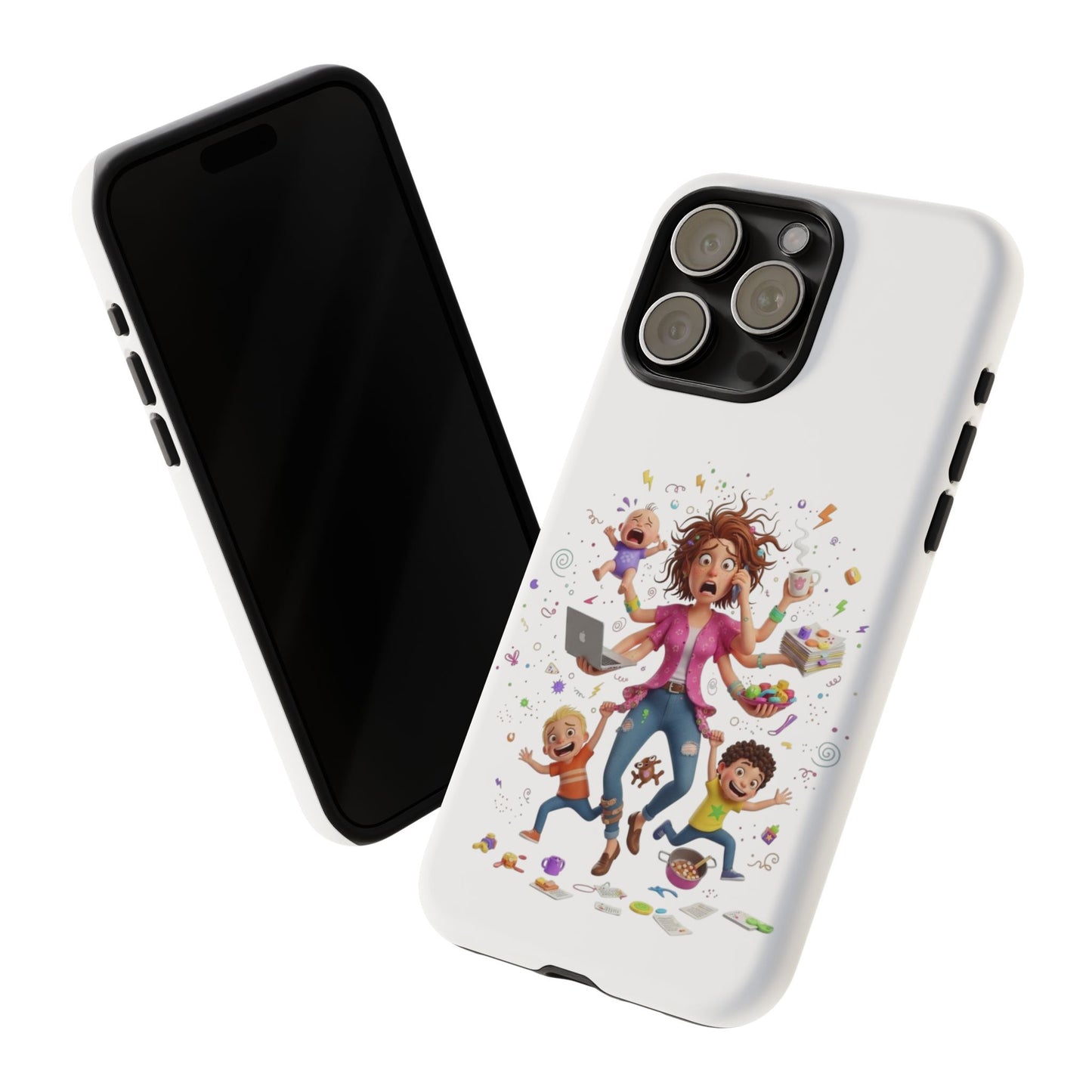 iPhone Phone Case — Hectic Mom Cartoon Design (Multitasking Mother, Kids & Chaos)