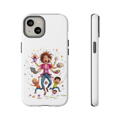 iPhone Phone Case — Hectic Mom Cartoon Design (Multitasking Mother, Kids & Chaos)