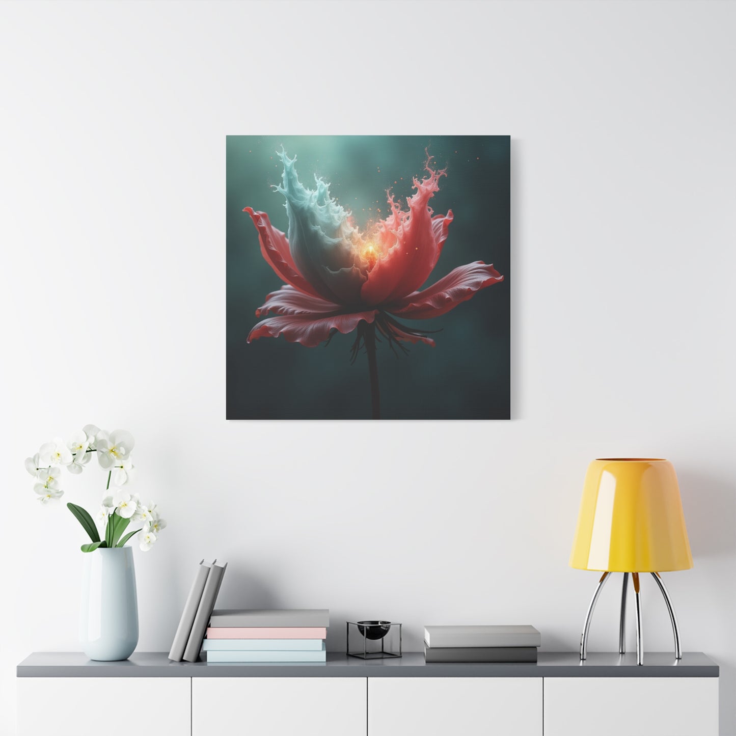 Surreal Bloom Canvas Art — Fiery Red & Teal Flower Matte Stretched Print