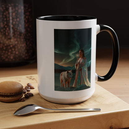 Taza de café Aurora Guardiana — Arte fantástico de mujer con lobo