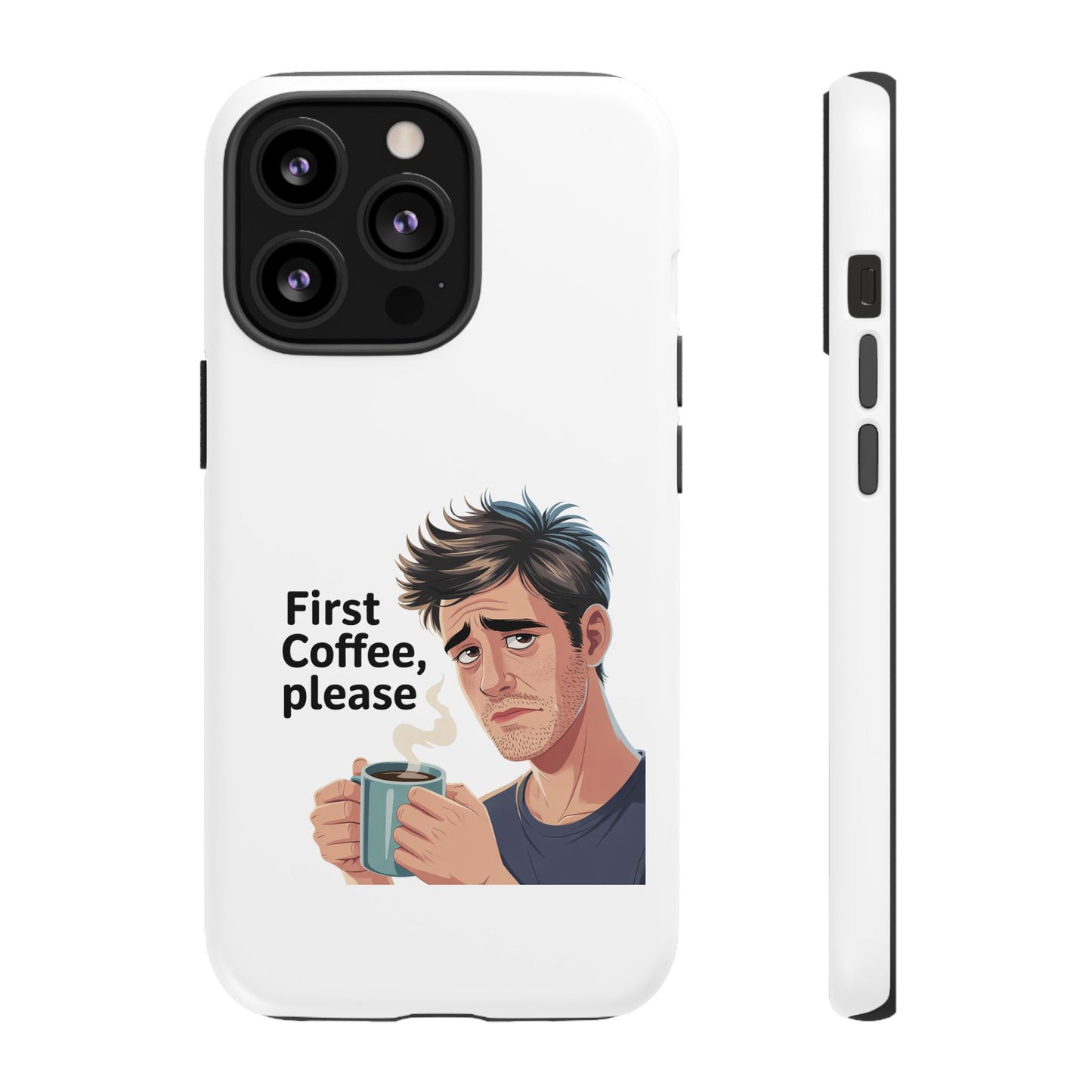 Funda para iPhone: "Primer café, por favor". Ilustración divertida del café de la mañana.