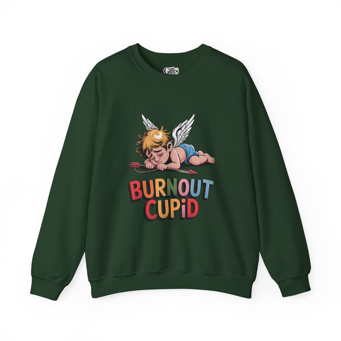 Burnout Cupid Sweatshirt — Tired Cupid Graphic Crewneck for Valentine’s Day