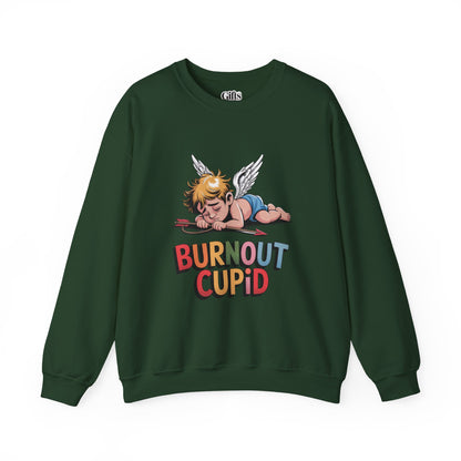 Burnout Cupid Sweatshirt — Tired Cupid Graphic Crewneck for Valentine’s Day