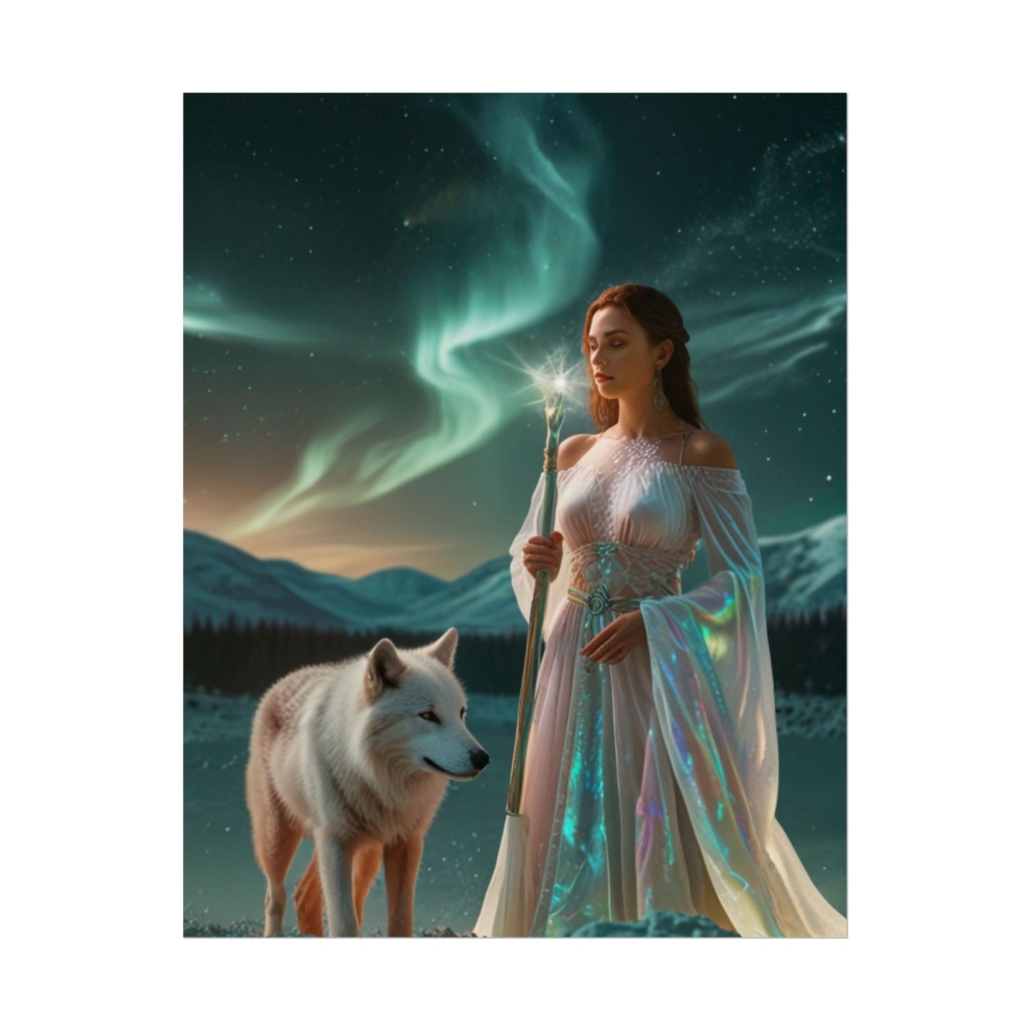 Aurora Guardian Poster – Fantasy-Frau mit weißem Wolf (Wandbild)